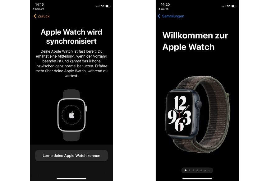 Man sieht den Einrichtungsvorgang der Apple Watch 7 in der Watch App.